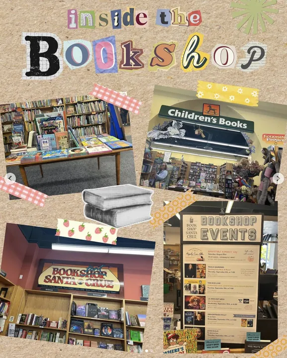 “Inside the Bookshop” collage post of photos from the store’s children’s section and events board.