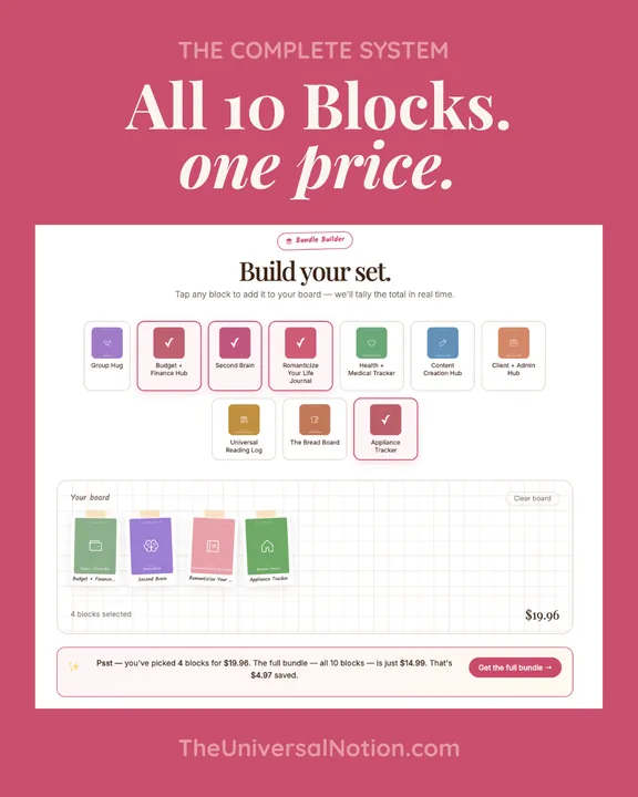 Post reading “All 10 Blocks. One price.” above a screenshot of the template builder.